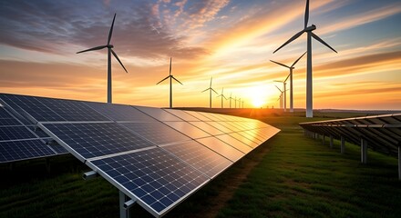 Solar panels and wind turbines farm at sunset renewable energy future concept