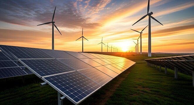 Solar panels and wind turbines farm at sunset renewable energy future concept