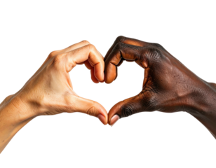 Hands of different skin tones form a heart, against a black background