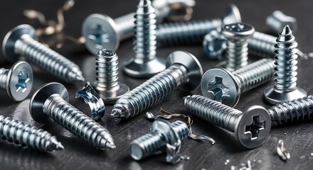 Close-up of various metal screws and bolts scattered on a dark surface, showcasing their threads and heads.