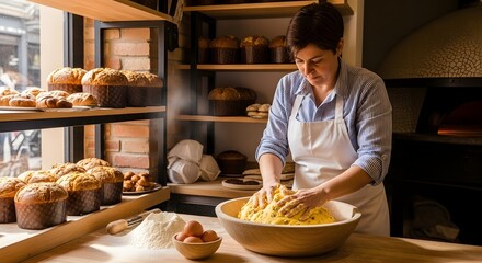 Woman baker kneading dough in bakery for bread and pastry making preparation