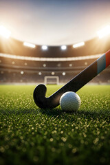 Field hockey stick and ball on grass field stadium