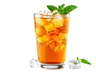 Glass of iced tea with mint garnish and ice cubes, against a black background
