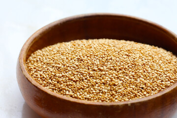 Raw quinoa seeds in a bowl.
