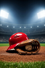Baseball helmet and glove on field under stadium lights