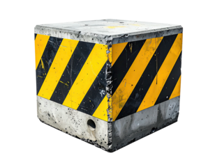 Concrete cube barrier with yellow/black stripes, weathered appearance, solid shape
