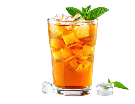 Glass of iced tea with mint garnish and ice cubes, against a black background