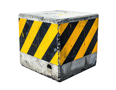 Concrete cube barrier with yellow/black stripes, weathered appearance, solid shape