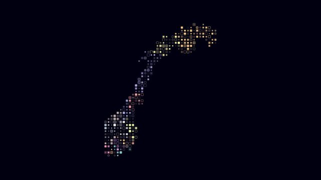 Norway animated country shape. Pulsating colored dots on the map of the country. Small size rounded square blocks. Digital style Norway map on dark background. Artistic animation video.