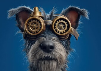 Gray dog wearing steampunk goggles against a deep blue background.