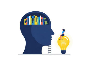 Human head silhouette filled with books next to a glowing lightbulb isolated on transparent background