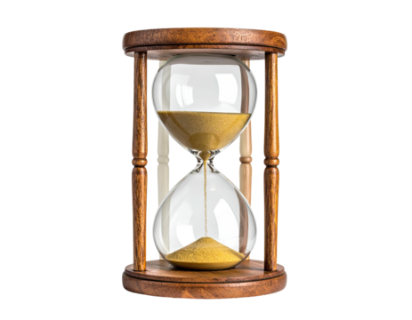 A detailed image of an hourglass, filled with sand, on a stark black backdrop