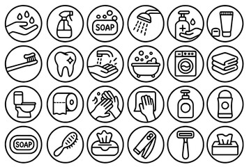 Icon Sheet, Icon pack, Cleanliness theme, outline version, with round frames