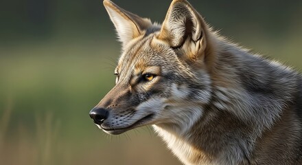 Obraz premium Close-up profile of a wild coyote with alert eyes and pointed ears in natural habitat.