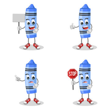 Cute Blue Crayon with Facial Expressions &ndash; Fun Stationery Illustration Characters. Cute and Playful Stationery Design.