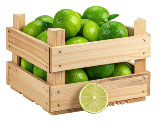 Wooden crate overflowing with green, juicy limes, a slice at the front