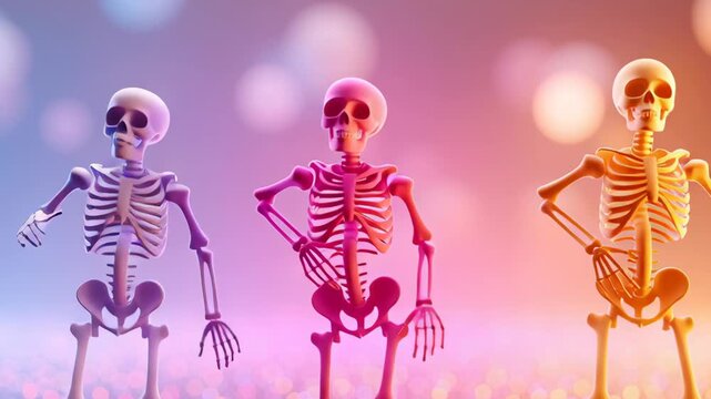 Playful halloween background happy skeleton cartoon bone cute skull pastel bokeh light festive neon glowing dance party