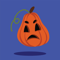 scary orange pumpkin cartoon face on blue background vector clipart halloween illustration
