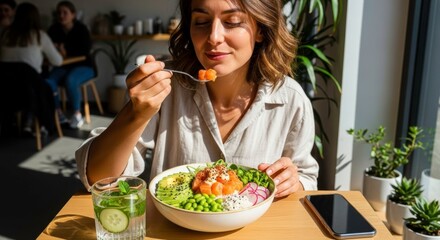 Woman eating poke bowl at table with phone and drink in cafe