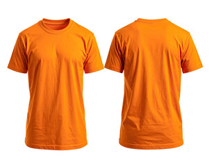 Front and back view of a plain, vibrant orange short-sleeved t-shirt on black