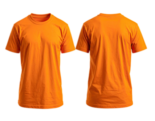 Front and back view of a plain, vibrant orange short-sleeved t-shirt on black