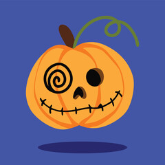 scary orange pumpkin cartoon face on blue background vector clipart halloween illustration