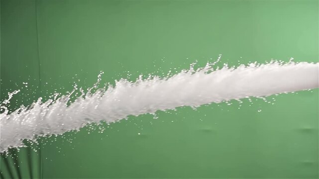 Powerful stream of water spraying forcefully across a green screen background