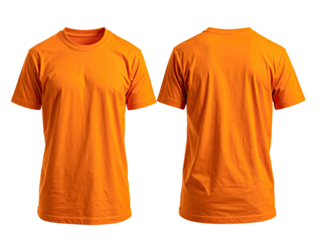 Front and back view of a plain, vibrant orange short-sleeved t-shirt on black