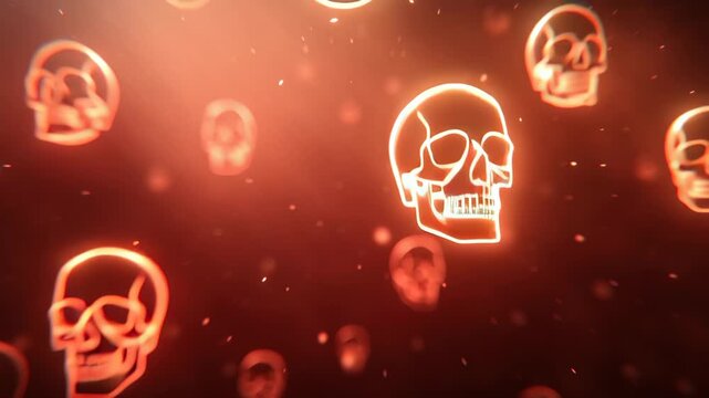 Halloween skull neon glow horror dark motion graphic with spooky background, eerie light, glowing skull outline and pattern