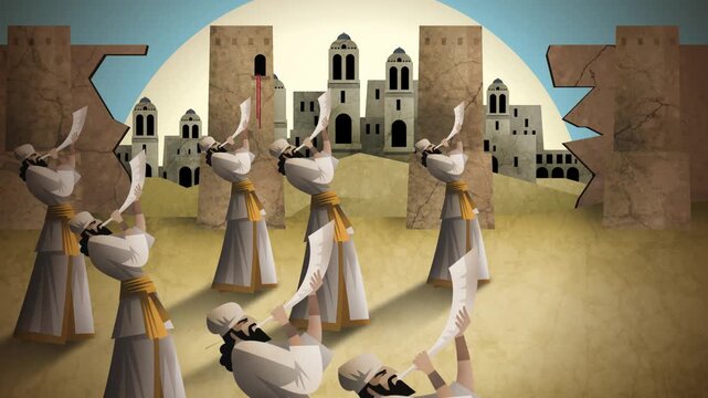 israelites blowing trumpets and collapsing the walls of jericho