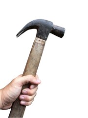 hand holding old wooden hammer.
