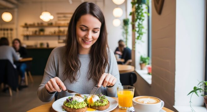 Young woman eating avocado toast and drinking coffee in a cafe - Powered by Adobe