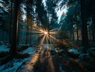 Winter forest sunbeams illuminating a misty snowy path