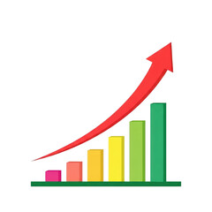 Bar chart with red arrow showing upward trend isolated on transparent background