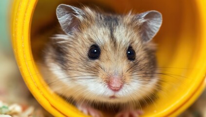 Close-up of a hamster in a yellow tube.
