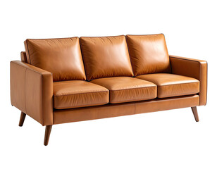A mid-century modern-style three-seater couch, brown leather, minimalist design