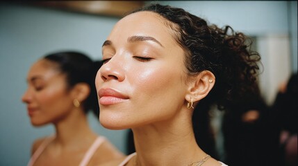 Young female models showcasing skincare in a bright room during a beauty session