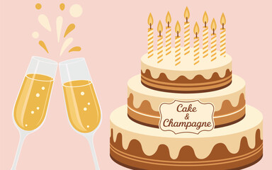 Two champagne glasses toasting in front of a tiered cake with candles