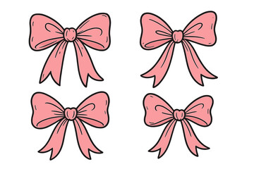 Set of pink coquette bows. Hand drawn vector illustration for Valentine's day. Girly hair accessory, gift wrapping ribbon knot. Cute dollette aesthetic clipart for decoration.
