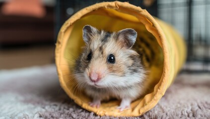 Cute hamster nestled in a yellow tunnel.