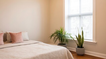 Stylish modern bedroom featuring a beige blackout roller blind and plastic window shutters concept modern bedroom beige roller blind plastic window shutters stylish decor home interior design
