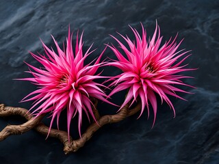 Macro artistic photo of tropical pink air plant flowers growing on twisted wood against dark background