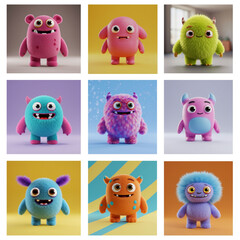 various cute monster shapes with attractive colors and cute faces