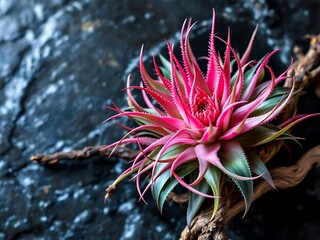 Macro artistic photo of tropical pink air plant flowers growing on twisted wood against dark background