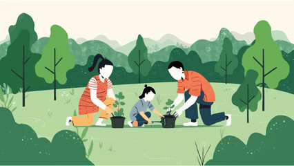 a family is planting tree seedlings