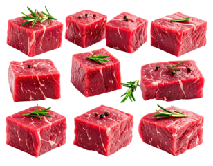 Nine raw meat cubes with peppercorns and rosemary sprigs on black