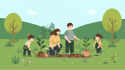 Naklejka premium a family is planting tree seedlings