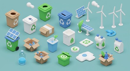 Sustainable Recycling & Renewable Energy 3D Isometric Icons Set