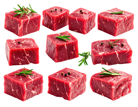 Nine raw meat cubes with peppercorns and rosemary sprigs on black