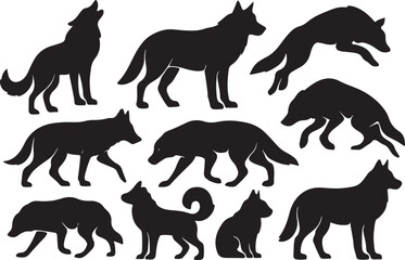 Silhouette Wolves in Action: A dramatic collection of black silhouette wolves, capturing various dynamic poses. Ideal for any creative project, design, and conveying the mystery of the wilderness.